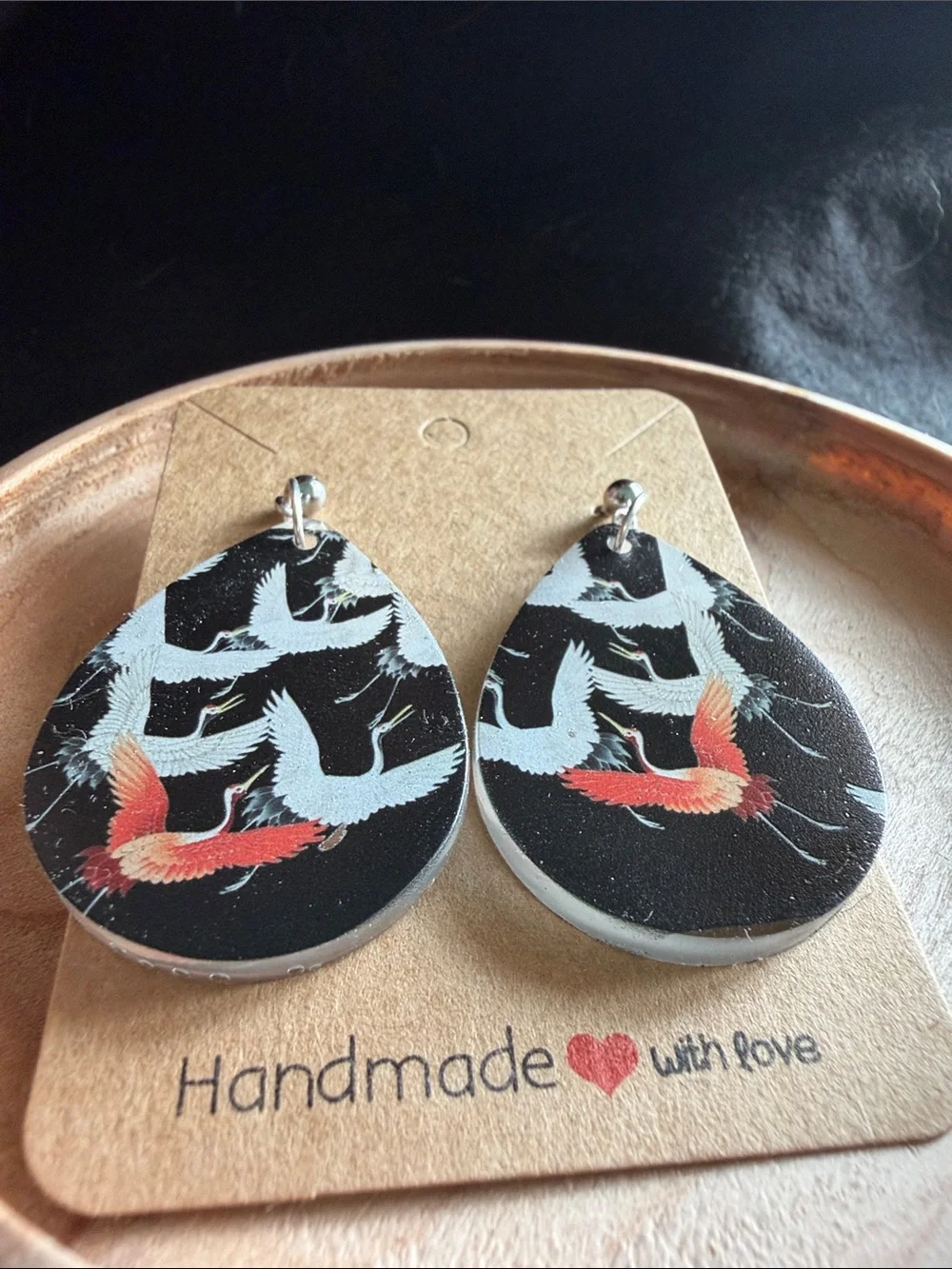 Handmade Black Teardrop Bird Earrings with Red Accent